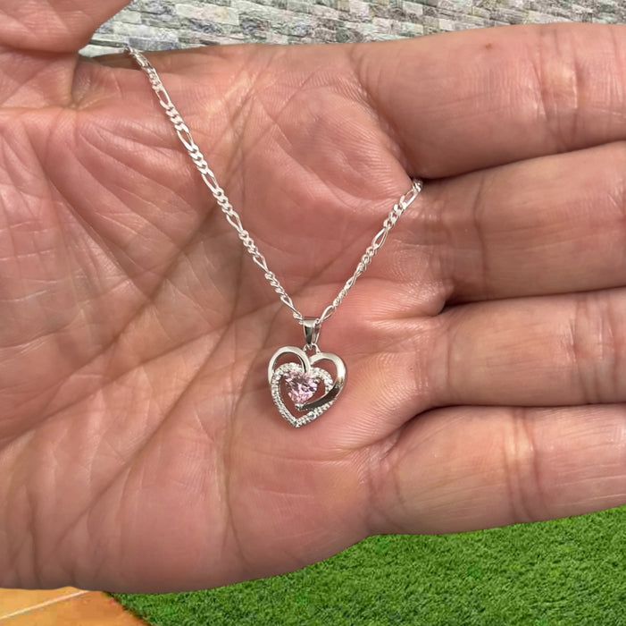 Sterling Silver Precious Heart Pink CZ Necklace-SN-13