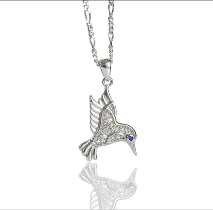 Sterling Silver Hummingbird Blue & Clear CZ Necklace-SN-01