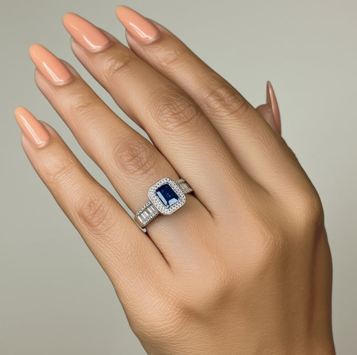 Sterling Silver Emerald Cut Blue Sapphire Clear CZ Ring-ER-75