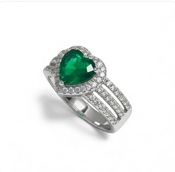 Sterling Silver Emerald Heart CZ Ring-AE-29