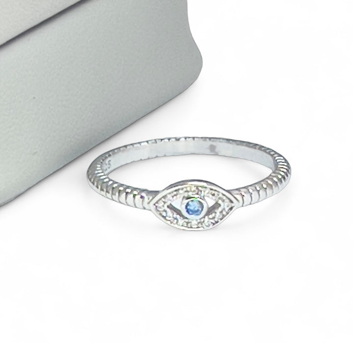 Sterling Silver Aqua Blue Stone Evil Eye CZ Ring-AE-53