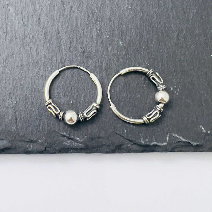Sterling Silver 4.5mm x 17.5mm Bali Bead Hoop Earrings -SE-18