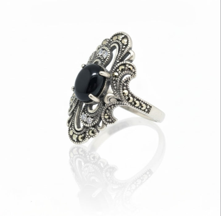 Sterling Silver Pear Shape Black Onyx Marcasite Ring-AE-43