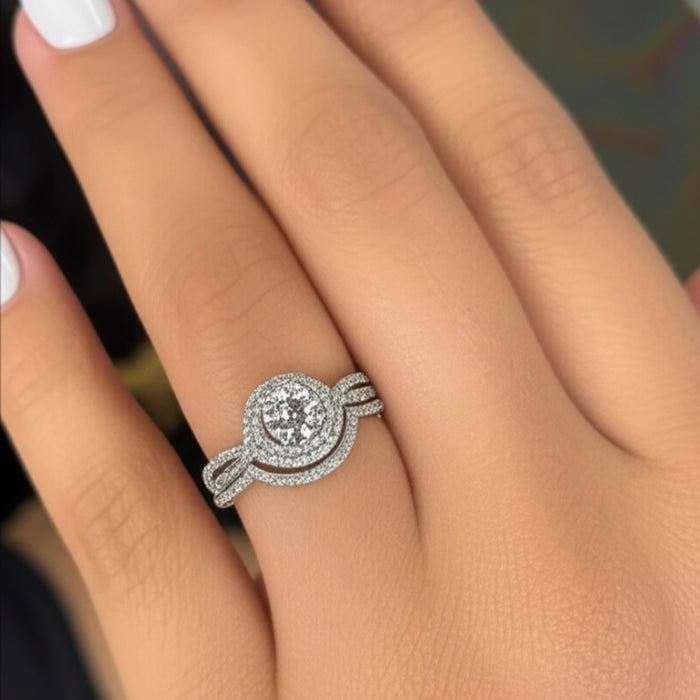 Sterling Silver Halo CZ Wedding Set Ring ER-115