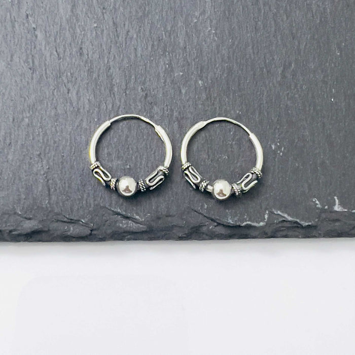 Sterling Silver 4.5mm x 17.5mm Bali Bead Hoop Earrings -SE-18