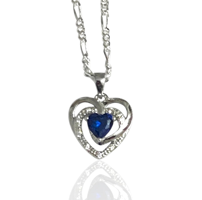Sterling Silver Precious Heart Blue Sapphire CZ Necklace-SN-11