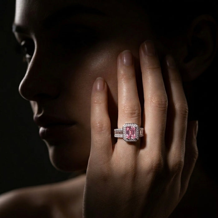 Sterling Silver Emerald Cut Pink Clear CZ Ring-AE-72