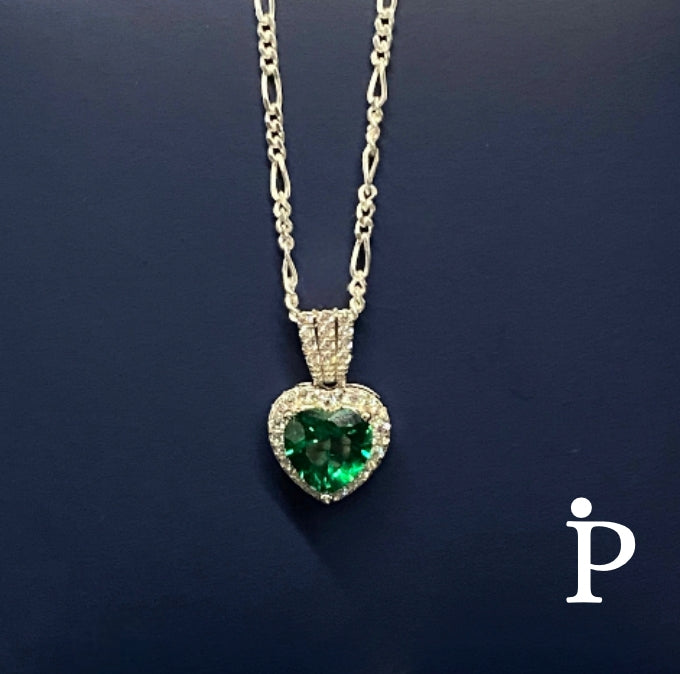 (CCP-21) .925 Silver Chain with Pendant, Green Heart Shape.