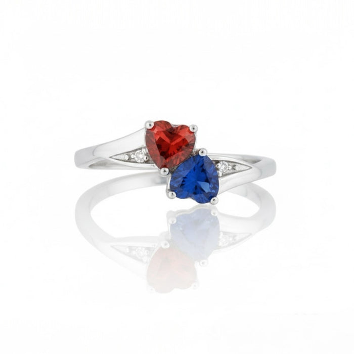 Sterling Silver Double Heart Garnet & Blue Spinnel CZ Ring-AE-15