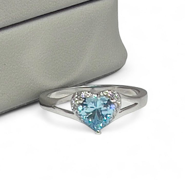 Sterling Silver Heart Aquamarine Cubic Zirconia Ring-AE-95