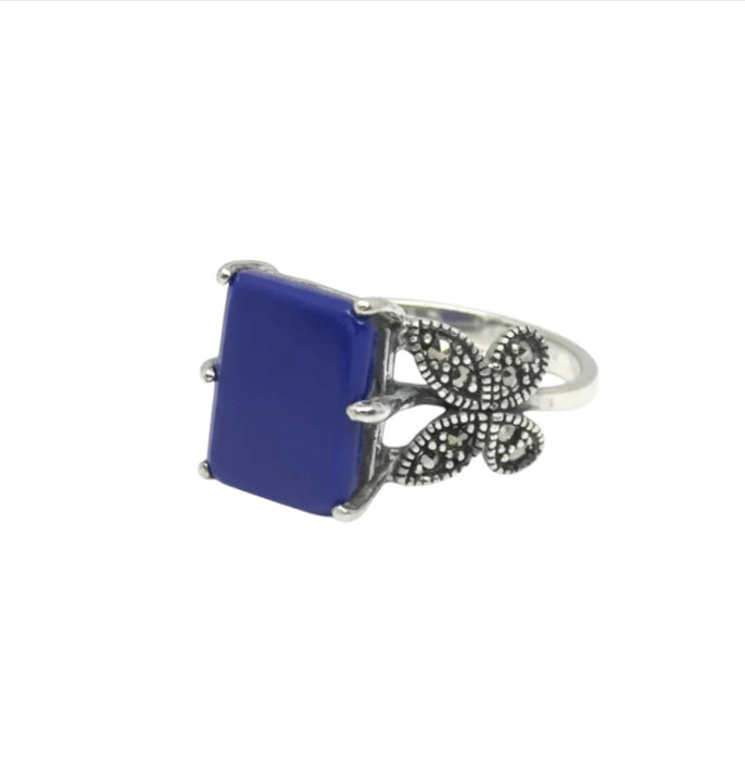 Sterling Silver Blue Stone Square Butterfly Marcasite Ring-AE-69