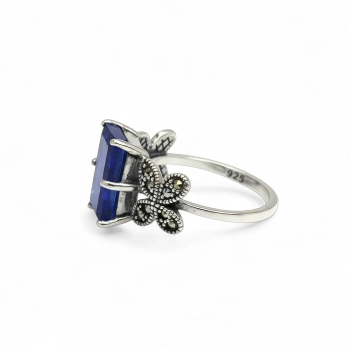 Sterling Silver Blue Stone Square Butterfly Marcasite Ring-AE-69