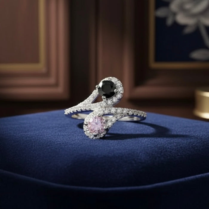 Elegant Sterling Silver Pink CZ & Synthetic Onyx Ring-CL-27
