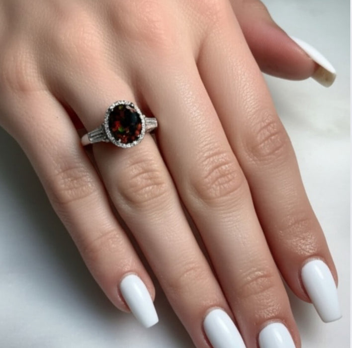 Sterling Silver Stunning Oval Black Lab Opal CZ Ring-AE-80