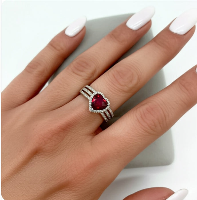 Sterling Silver Ruby Heart CZ Ring-AE-10