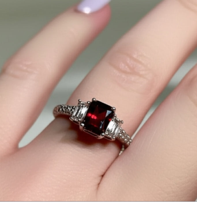 Sterling Silver Rectangular Cut Garnet CZ Ring-AE-03