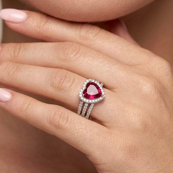Sterling Silver Ruby Heart CZ Ring-AE-10