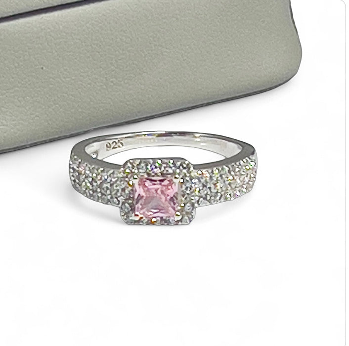 Sterling Silver Pink Princess Cut CZ Ring-AE-93