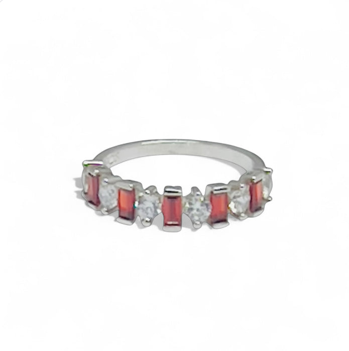 Sterling Silver Round & Baguette Garnet CZ Ring -AE-27