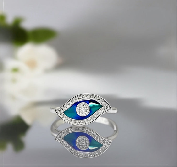 Sterling Silver Hand-Painted Multi-Colored Evil Eye with Clear CZ Ring -AE-94