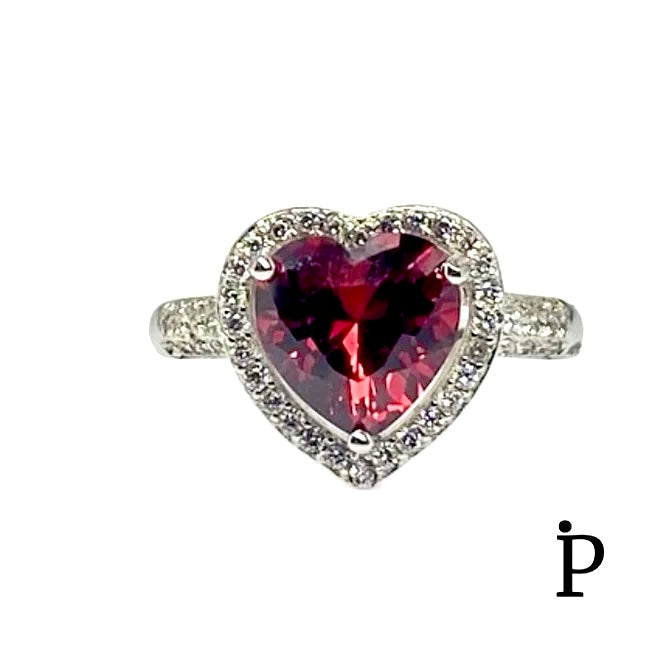 (AE-13) .925 Silver Garnet Heart Cubic Zirconia Ring