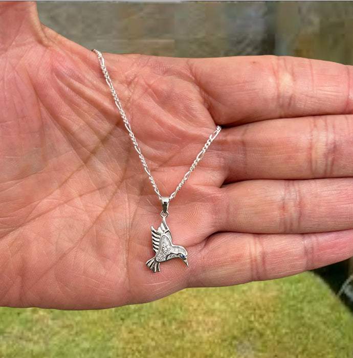 Sterling Silver Hummingbird Blue & Clear CZ Necklace-SN-01