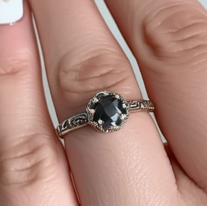 Sterling Silver Floral Black CZ Ring-AE-76