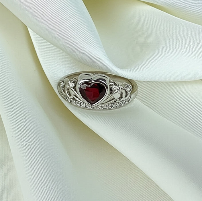 Sterling Silver Ring with Heart Crown Design and Garnet Cubic Zirconia-AE-28