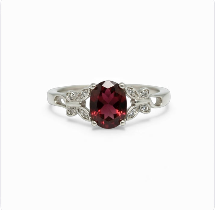 Sterling Silver Double Butterfly Dark Garnet Center Stone CZ Ring-AE-78