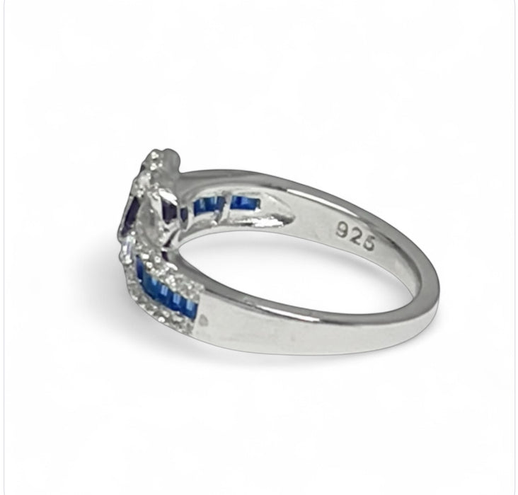 Sterling Silver Heart Blue Sapphire CZ Ring-AE-32