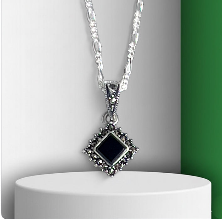 Sterling Silver Black Onyx Square Marcasite Pendant Necklace-SN-17