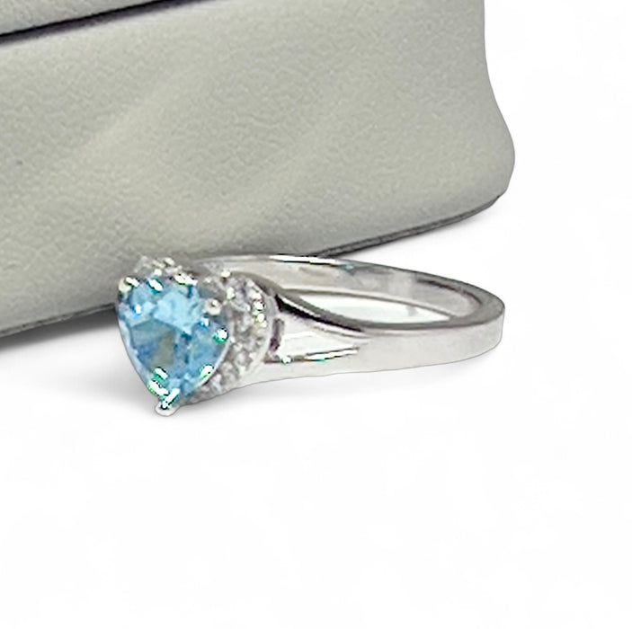 Sterling Silver Heart Aquamarine Cubic Zirconia Ring-AE-95