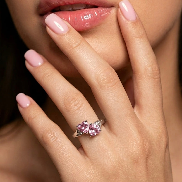 Sterling Silver Double Heart Pink CZ Ring-AE-01
