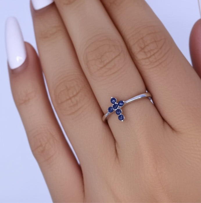 Sterling Silver Cross Blue CZ Ring-AE-85