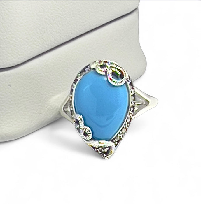 Sterling Silver Pear Shape Simulated Turquoise Marcasite Ring-AE-88