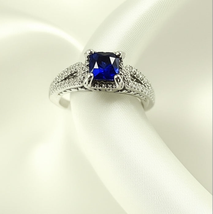 Sterling Silver Princess-Cut Blue CZ Ring- ER-05