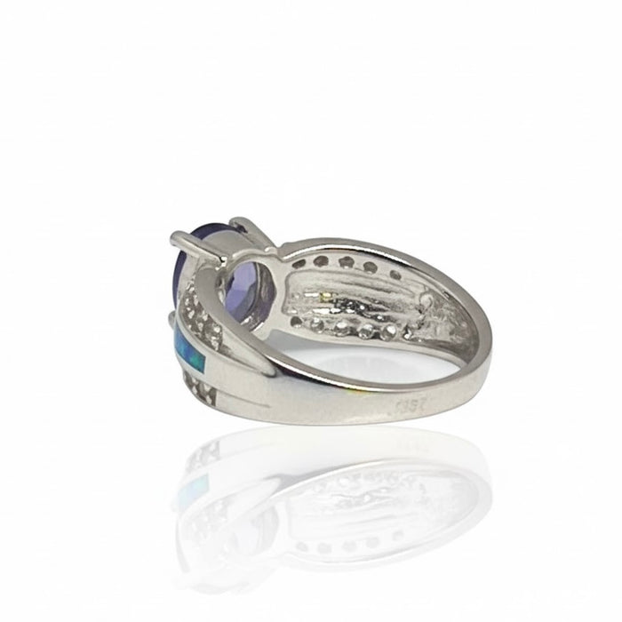 Sterling Silver Lab Opal Round Tanzanite CZ Ring -AE-16