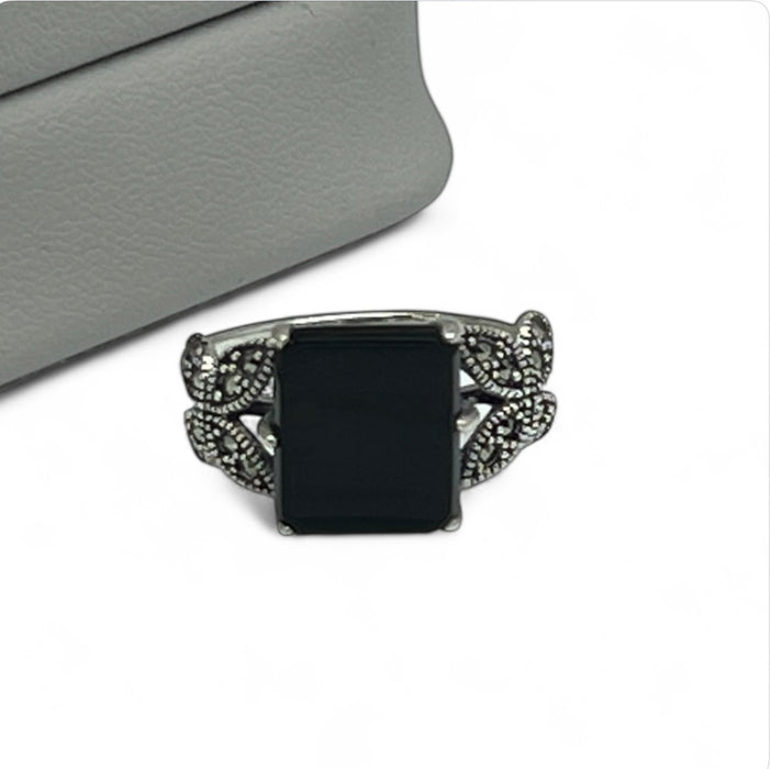 Sterling Silver Black Onyx Square Butterfly Marcasite Ring-AE-58