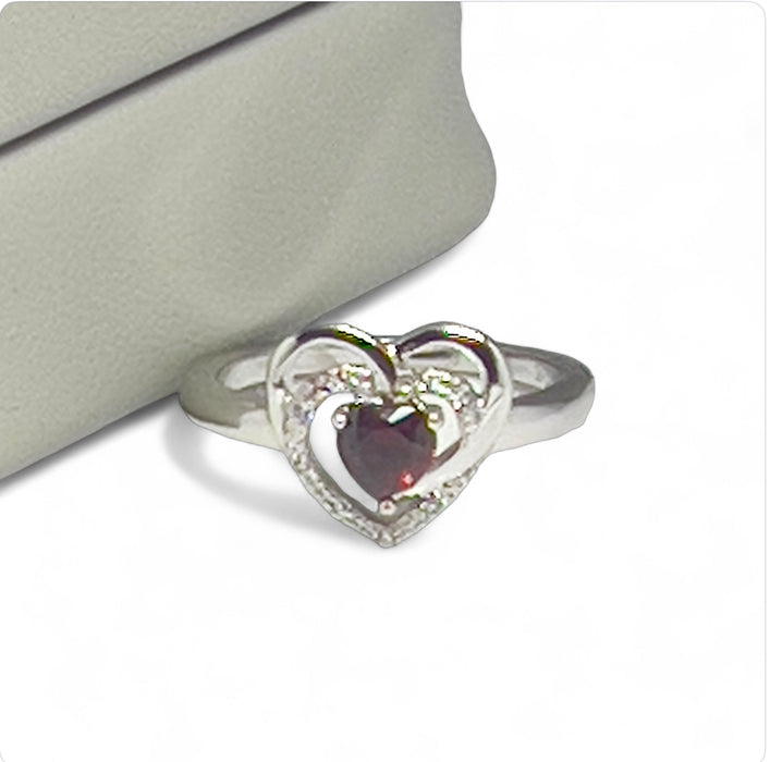 Sterling Silver Precious Heart Garnet CZ Ring-AE-55