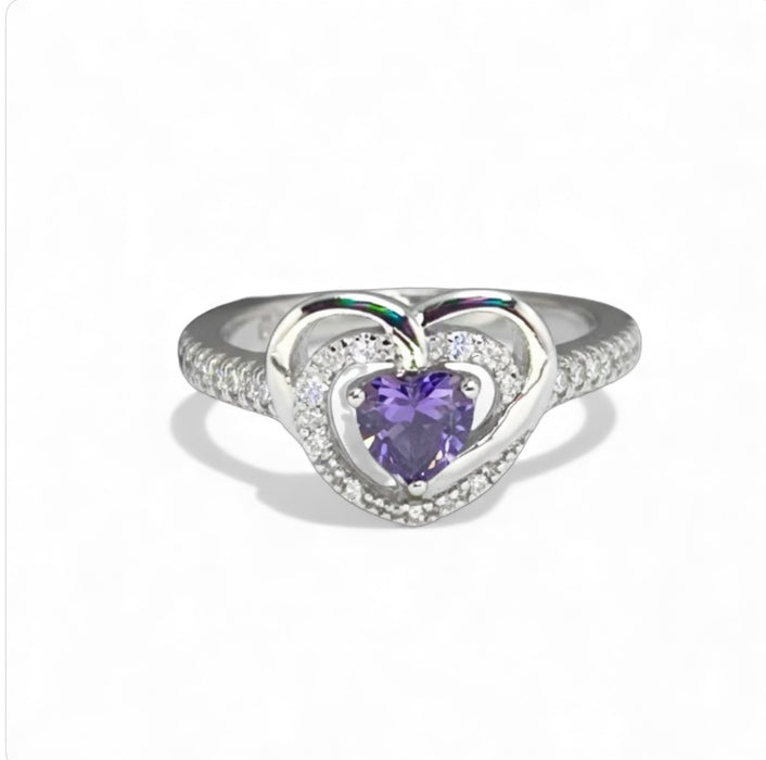 Sterling Silver Precious Heart Amethyst CZ Ring-AE-57