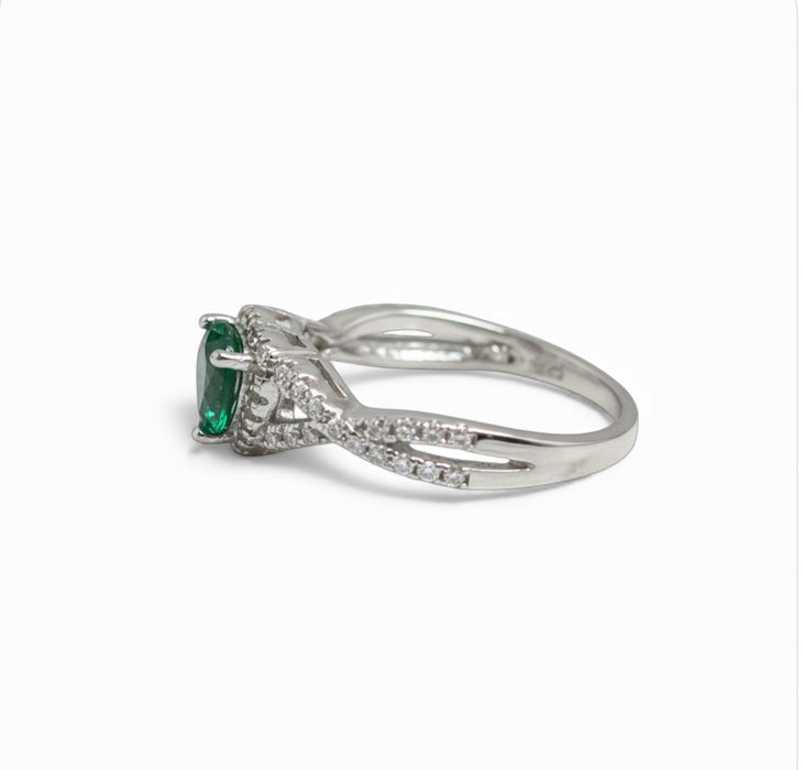Sterling Silver Heart Halo Twist Green CZ Ring-AE-75