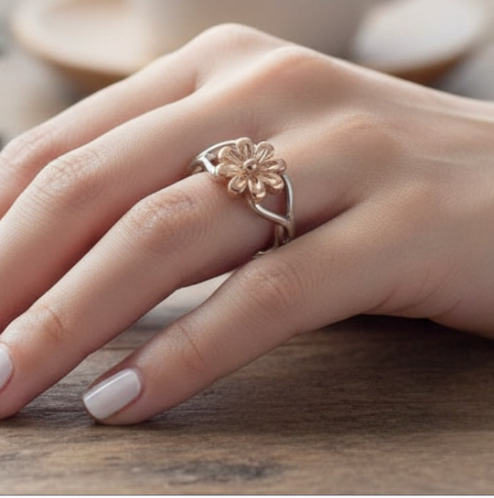 Sterling Silver Two-Tone Flower Ring-SR-21