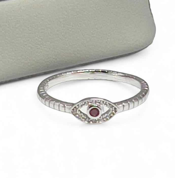 Sterling Silver Dark Garnet Stone Evil Eye CZ Ring-AE-91