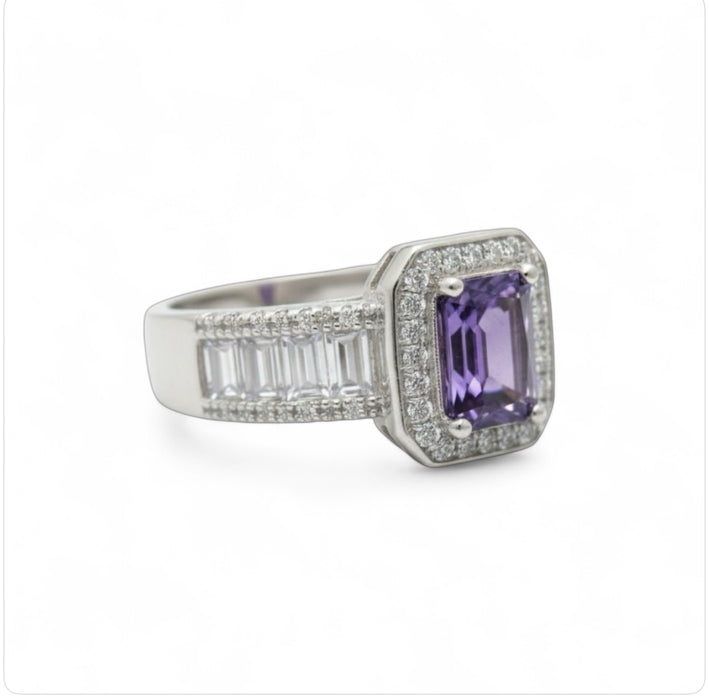 Sterling Silver Emerald Cut Amethyst Clear CZ Ring-AE-73