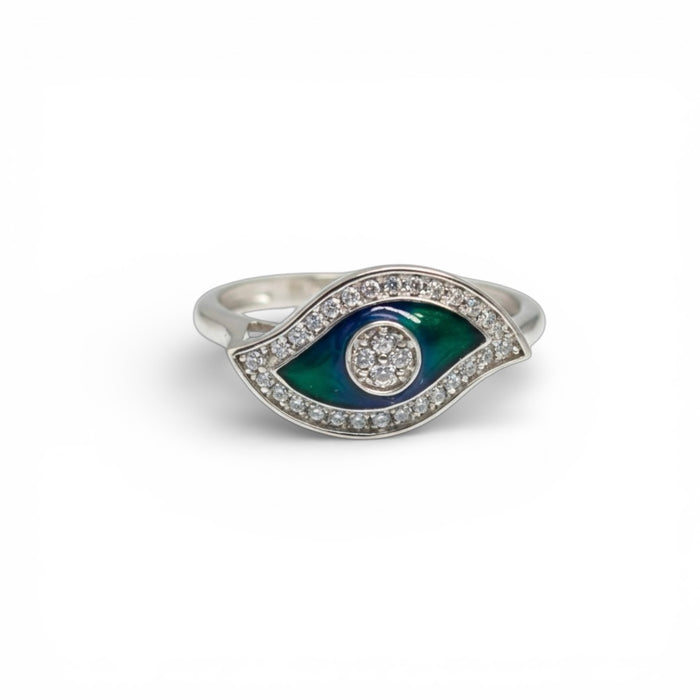 Sterling Silver Hand-Painted Multi-Colored Evil Eye with Clear CZ Ring -AE-94