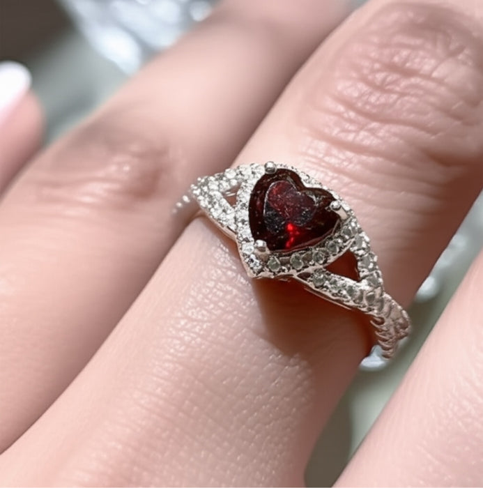 Sterling Silver Heart Halo Twist Garnet CZ Ring-AE-44