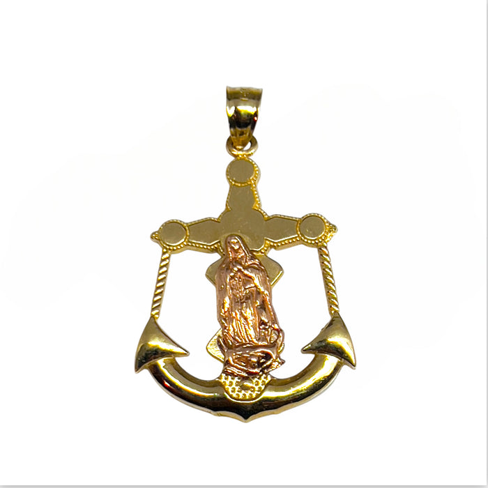 Solid Gold 14K Two-Tone Our Lady Of Guadalupe Anchor Cross Pendant-GP-15