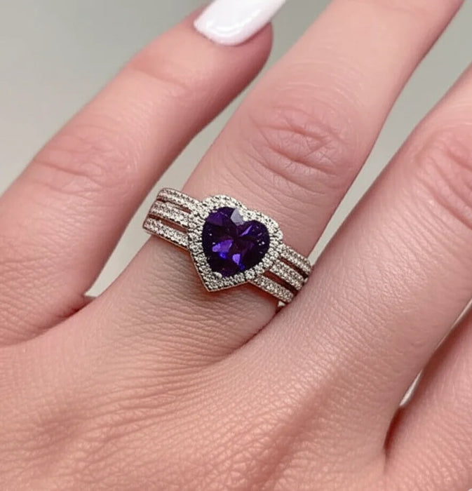 Sterling Silver Amethyst Heart CZ Ring-CL-29