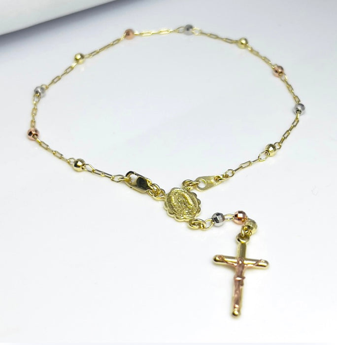Solid 14K Gold Rosary Tricolor Bracelet 8.0"-GB-13