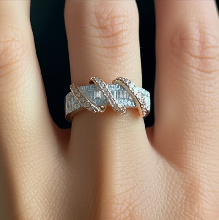 Sterling Silver Two Tone Rose Gold Plated Classic Braided Clear CZ Ring-ER-153
